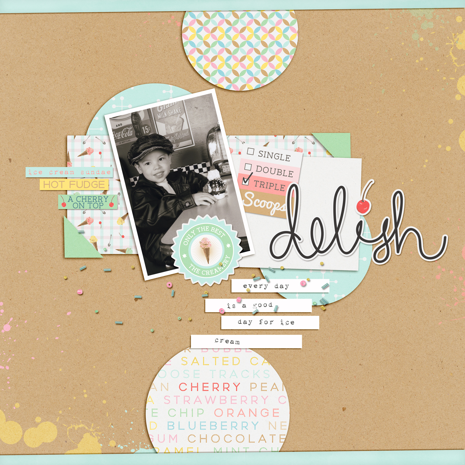 Digital scrapbook page featuring photo of child in an ice cream shop and elements related to ice cream.